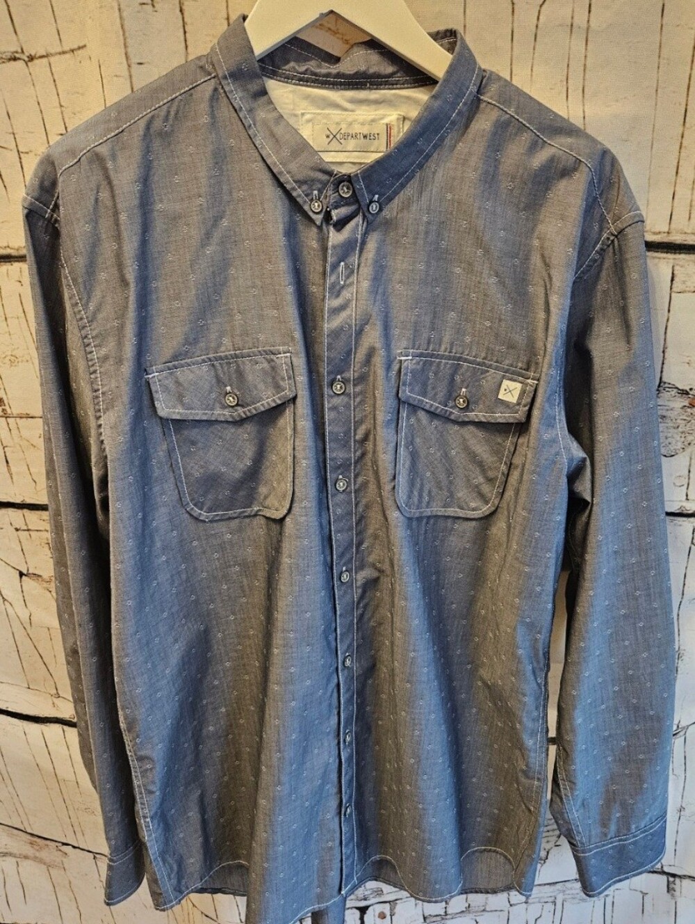 Departwest Men's Blue Chambray Button Down Utility Shirt Dual Pocket Long Sleeve